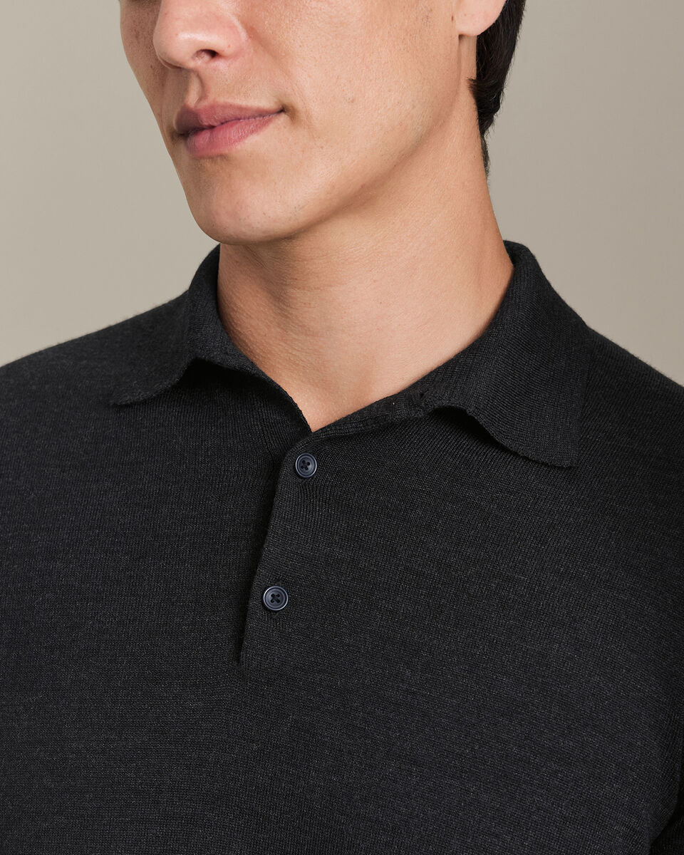 Pure Merino Wool Button Neck Polo - Charcoal Grey
