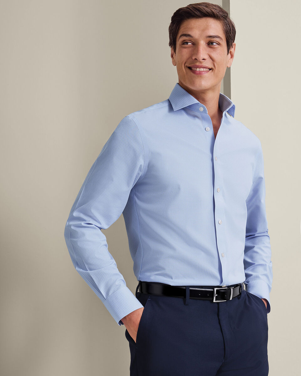 Non-Iron Poplin Grid Check Shirt - Mid Blue