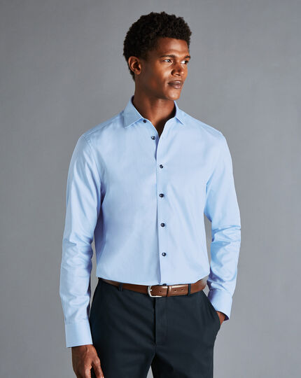 Semi-Spread Collar Twill Printed Trim Shirt - Sky Blue | Charles Tyrwhitt