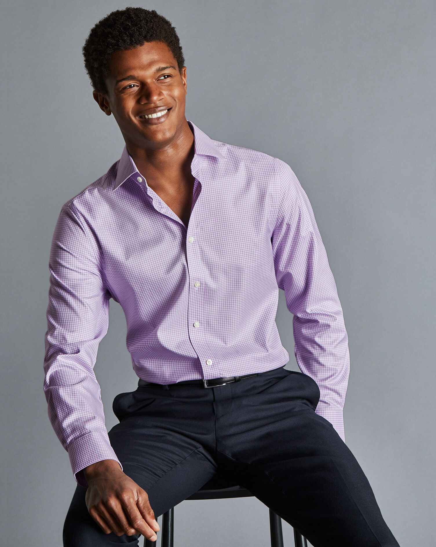 Men's Semi-Cutaway Collar Egyptian Cotton Twill Gingham Checkered Formal Shirt - Mauve Purple Single Cuff