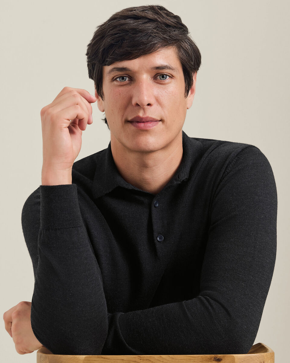 Pure Merino Wool Button Neck Polo - Charcoal Grey
