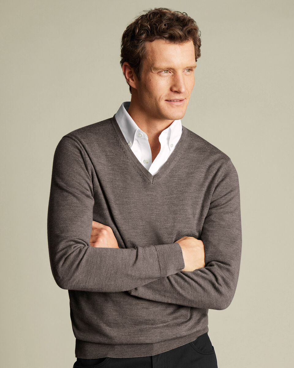 Merino V-Neck Sweater Mocha Charles Tyrwhitt