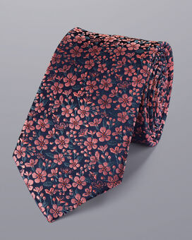Floral Print Silk Tie - Salmon Pink & French Blue