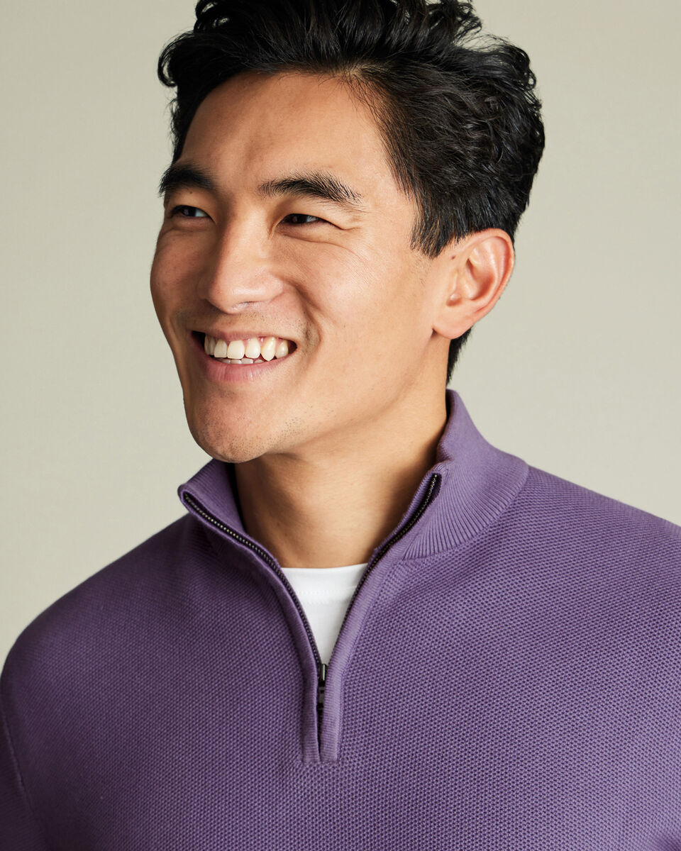 Honeycomb Cotton Zip Neck Jumper - Purple