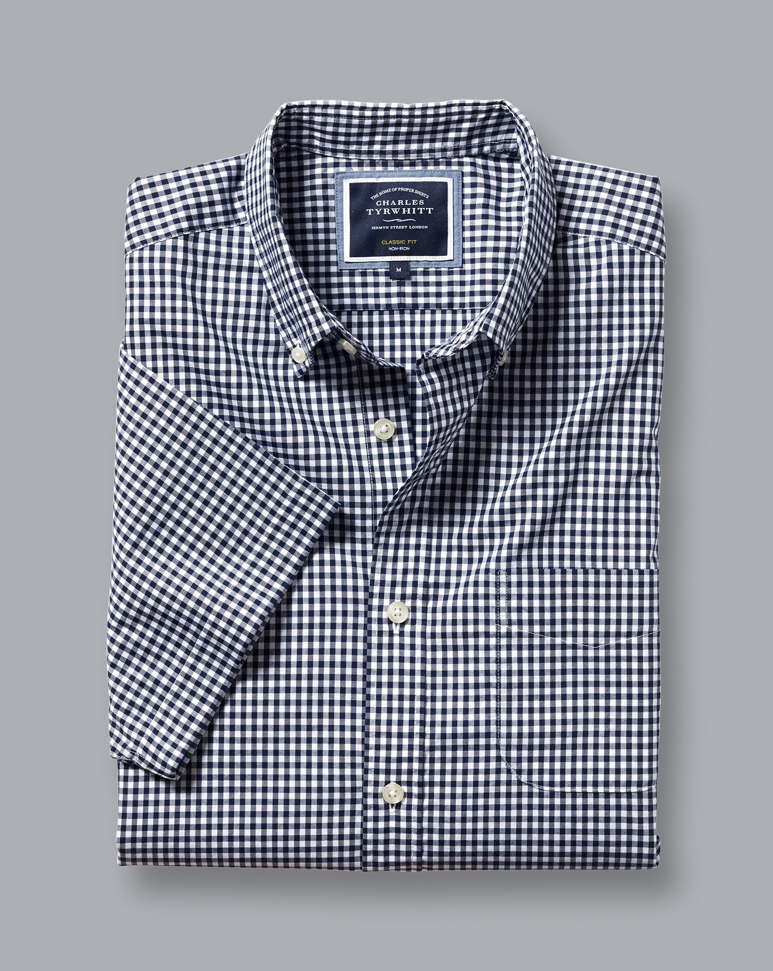 Button-Down Collar Non-Iron Stretch Poplin Gingham Short Sleeve Shirt - Navy