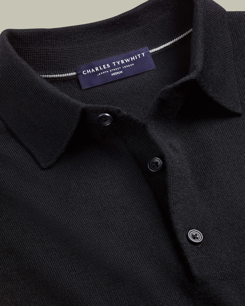 Polo &agrave; col boutonn&eacute; en pure laine m&eacute;rinos - Noir