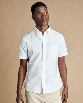 Button-Down Collar Stretch Washed Oxford Short Sleeve Shirt - White