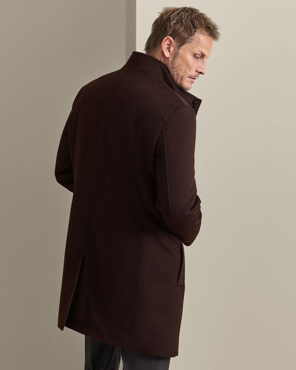 Fine Merino Wool Funnel Neck Overcoat - Chocolate