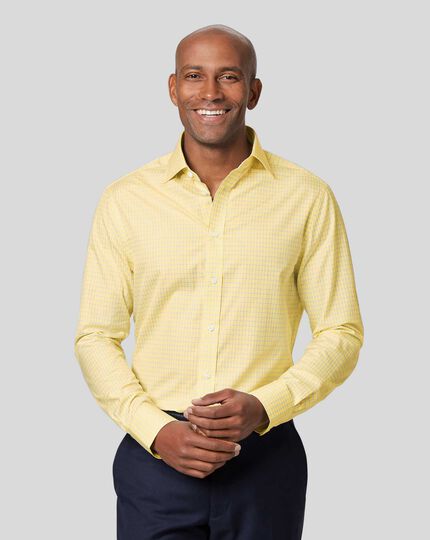 Semi-Spread Collar Egyptian Cotton Poplin Multi Check Shirt - Sky & Yellow
