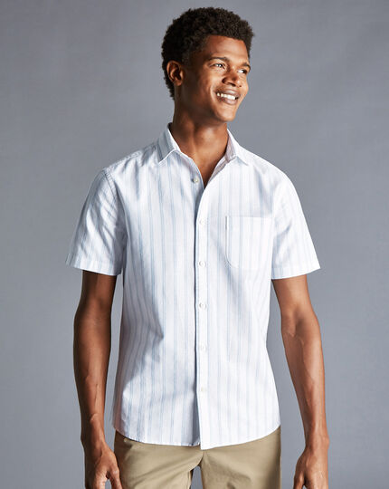 Cotton Linen Oxford Stripe Short Sleeve Shirt - Indigo Blue