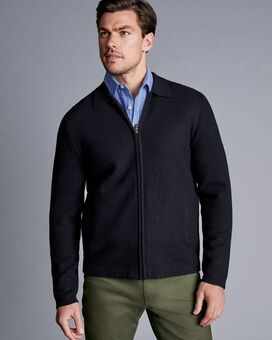 Brushed Wool & Milano Zip Through Jacket - Dark Navy
