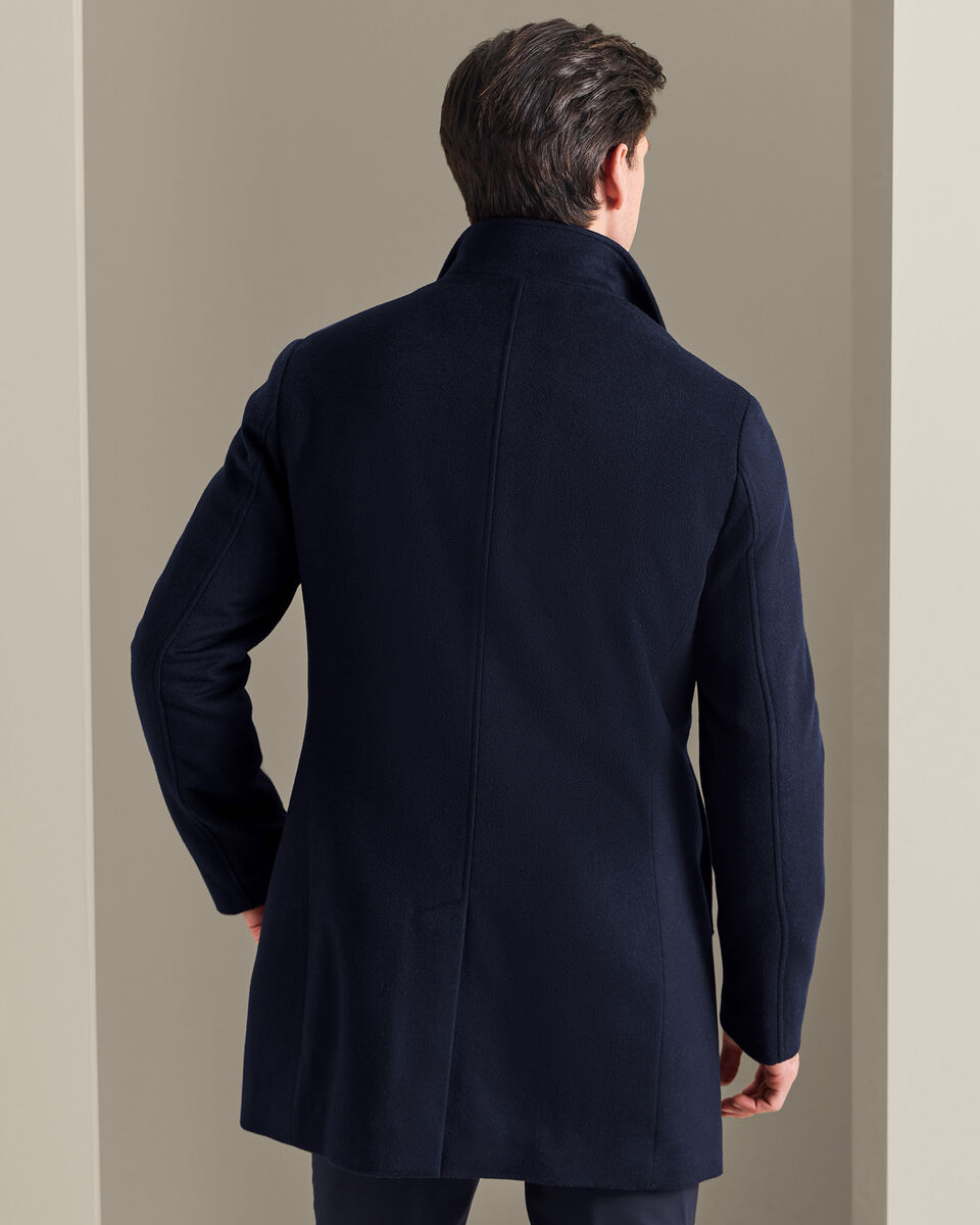 Fine Merino Wool Funnel Neck Overcoat - Navy