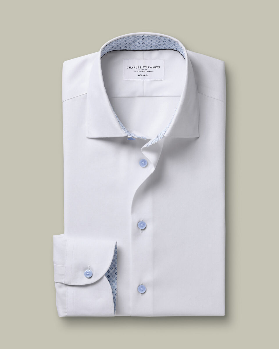 Non-Iron Stretch Printed Trim Shirt - White & Light Blue