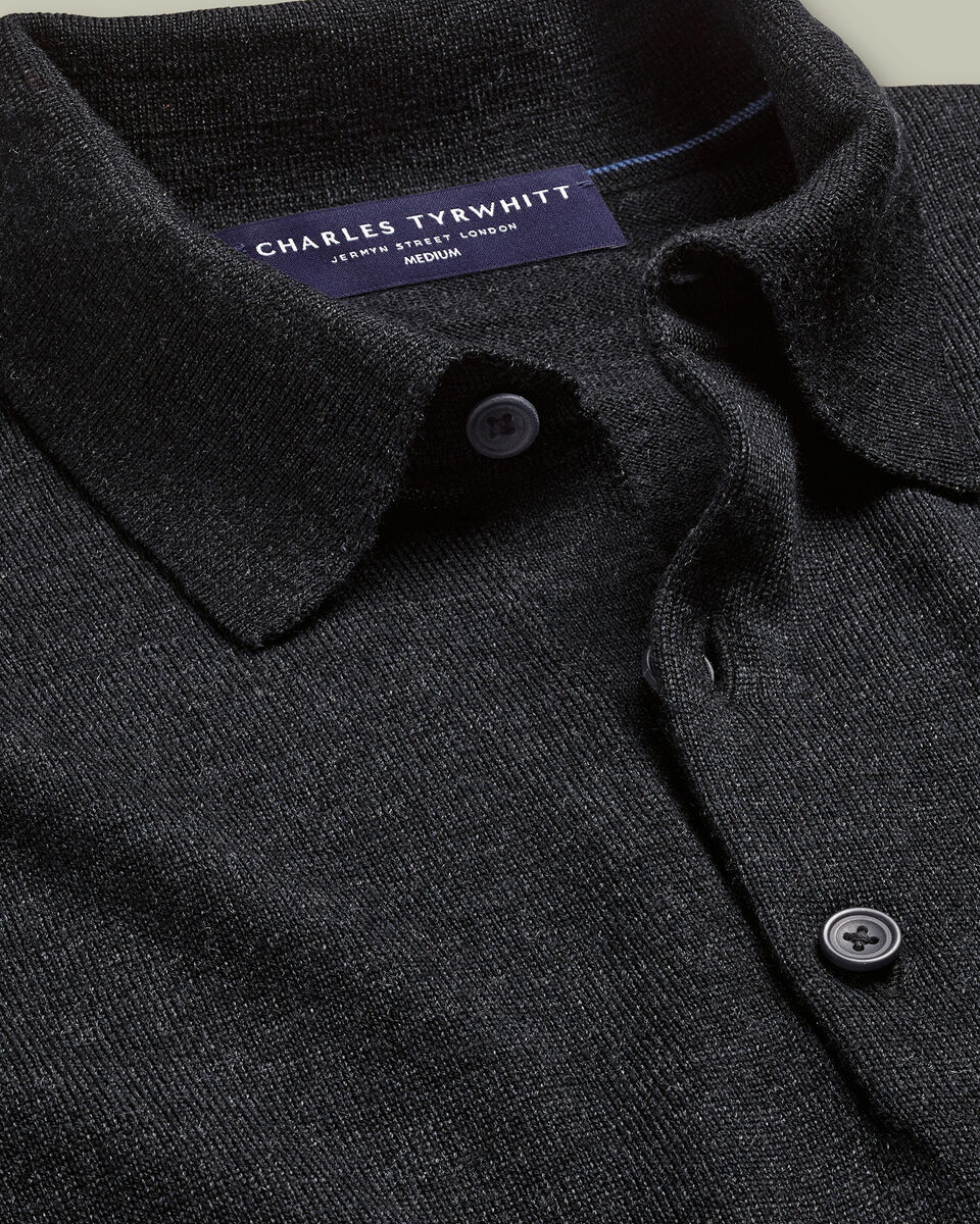 Pure Merino Wool Button Neck Polo - Charcoal Grey