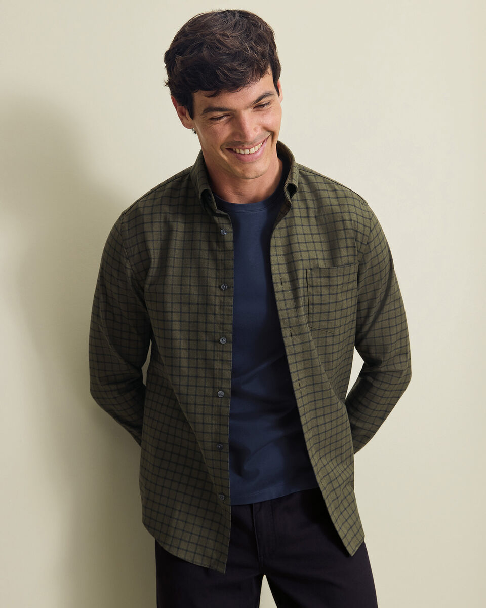 Non-Iron Twill Check Shirt - Olive Green