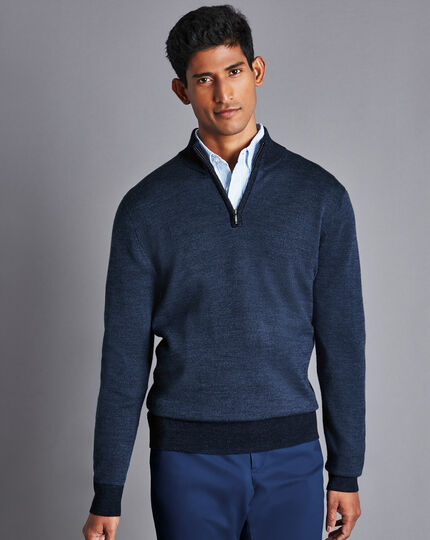 Merino Zip Neck Birdseye Sweater - Navy & Indigo Blue