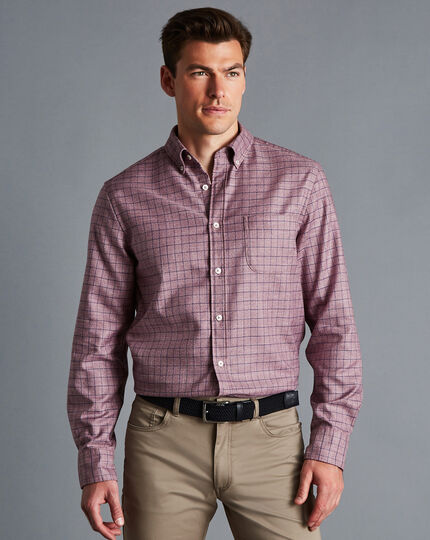 Bügelfreies Twill-Hemd mit Button-down-Kragen und Windowpane-Karos - Traubenfarben