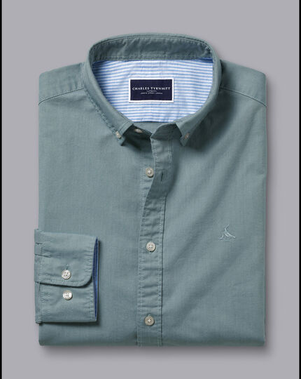 Button-Down Collar Washed Oxford Plain Shirt - Atlantic Green