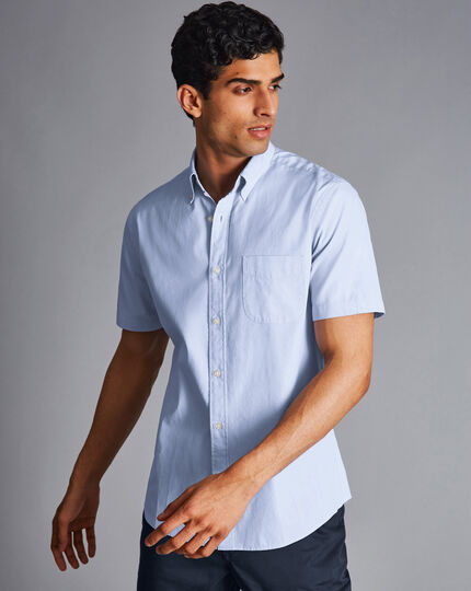 Button-Down Collar Washed Oxford Short Sleeve Shirt - Sky