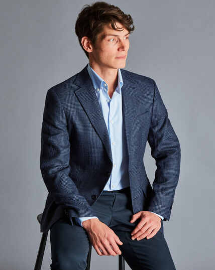 British Luxury Linen Wool Prince of Wales Check Jacket - Indigo Blue