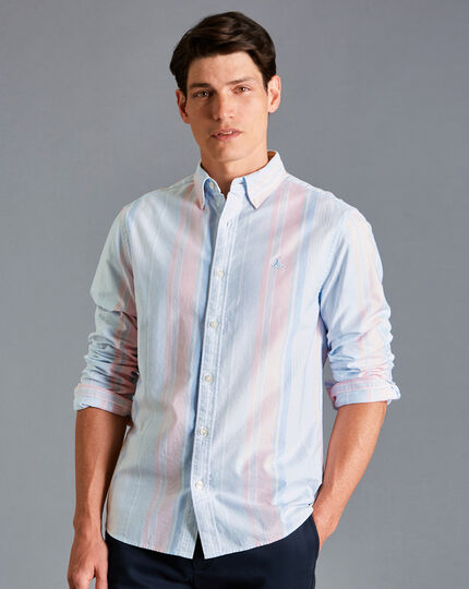 Button-Down Collar Stretch Washed Oxford Wide Stripe Shirt - Light Pink