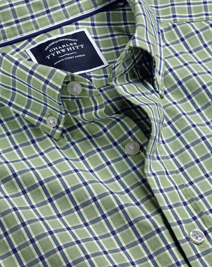Button-Down Collar Non-Iron Stretch Poplin Check Shirt - Olive Green ...