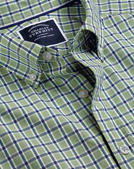 Button-Down Collar Non-Iron Stretch Poplin Check Shirt - Olive Green