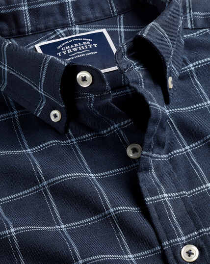 Bügelfreies Twill-Hemd mit Button-down-Kragen und großen Windowpane-Karos - Marineblau