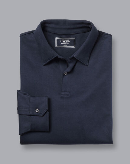 Mens Charles Tyrwhitt Plain Long Sleeve Smart Jersey Polo Shirt - Blue