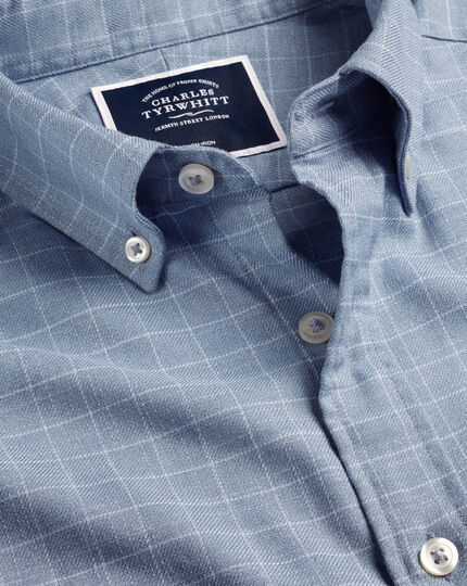Bügelfreies Twill-Hemd mit Button-down-Kragen und Windowpane-Karos - Stahlblau