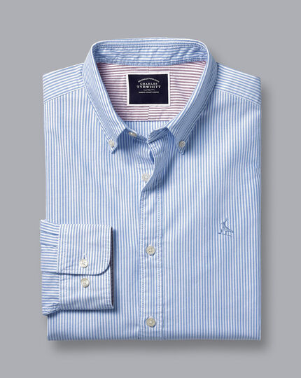 Vorgewaschenes Oxfordhemd mit Button-down-Kragen und Streifen - Ozeanblau