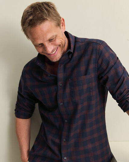 Camisa De Cuadros De Twill Sin Plancha - Marino Y &Aacute;mbar