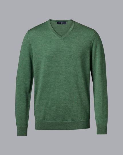 Pure Merino V-Neck Sweater - Green Melange