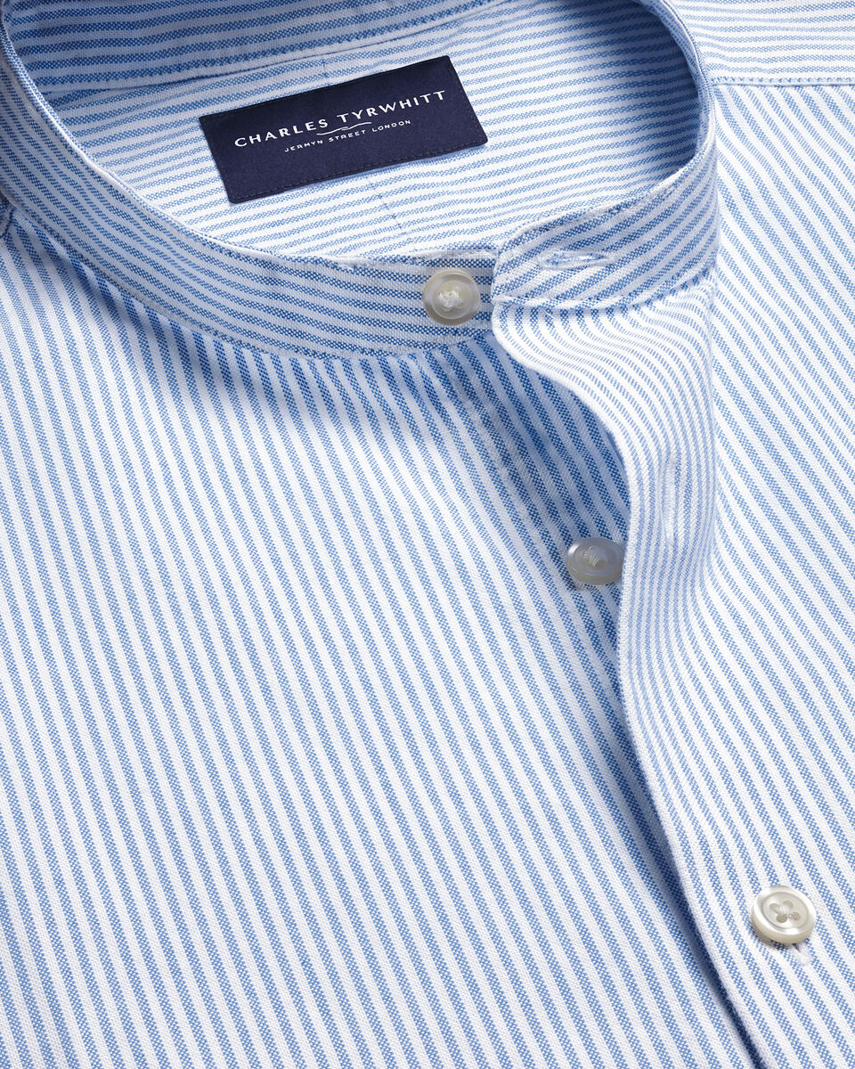 Chemise Oxford D&eacute;lav&eacute;e Extensible &Agrave; Rayures Sans Col - Bleu Oc&eacute;an