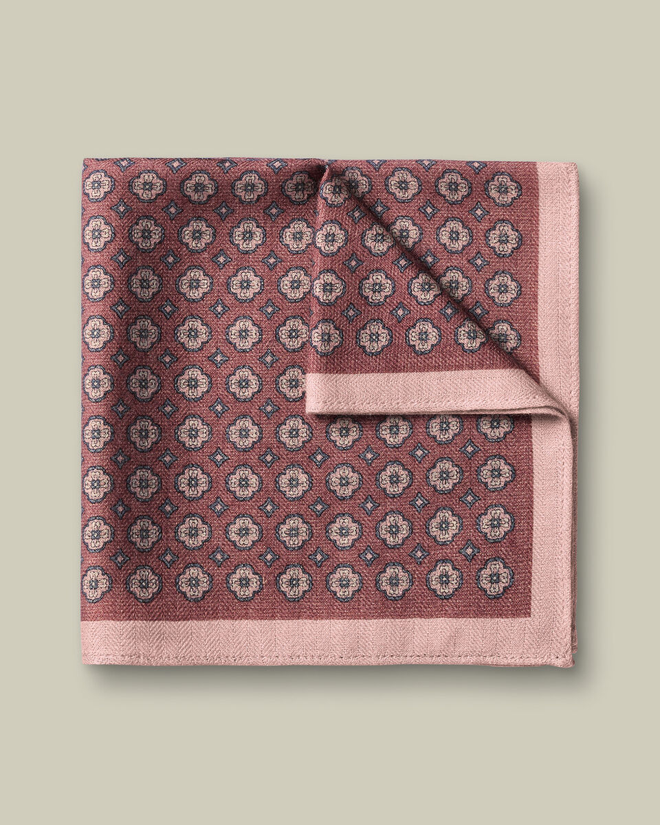 Wool Silk Medallion Print Pocket Square - Dark Pink
