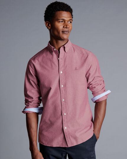 Button-Down Collar Washed Oxford Plain Shirt - Maroon Red