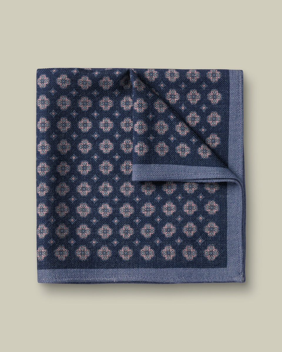 Wool Silk Medallion Print Pocket Square - French Blue
