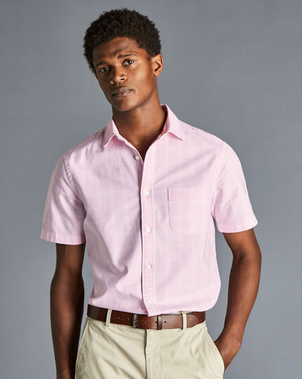 Cotton Linen Oxford Check Short Sleeve Shirt - Pink