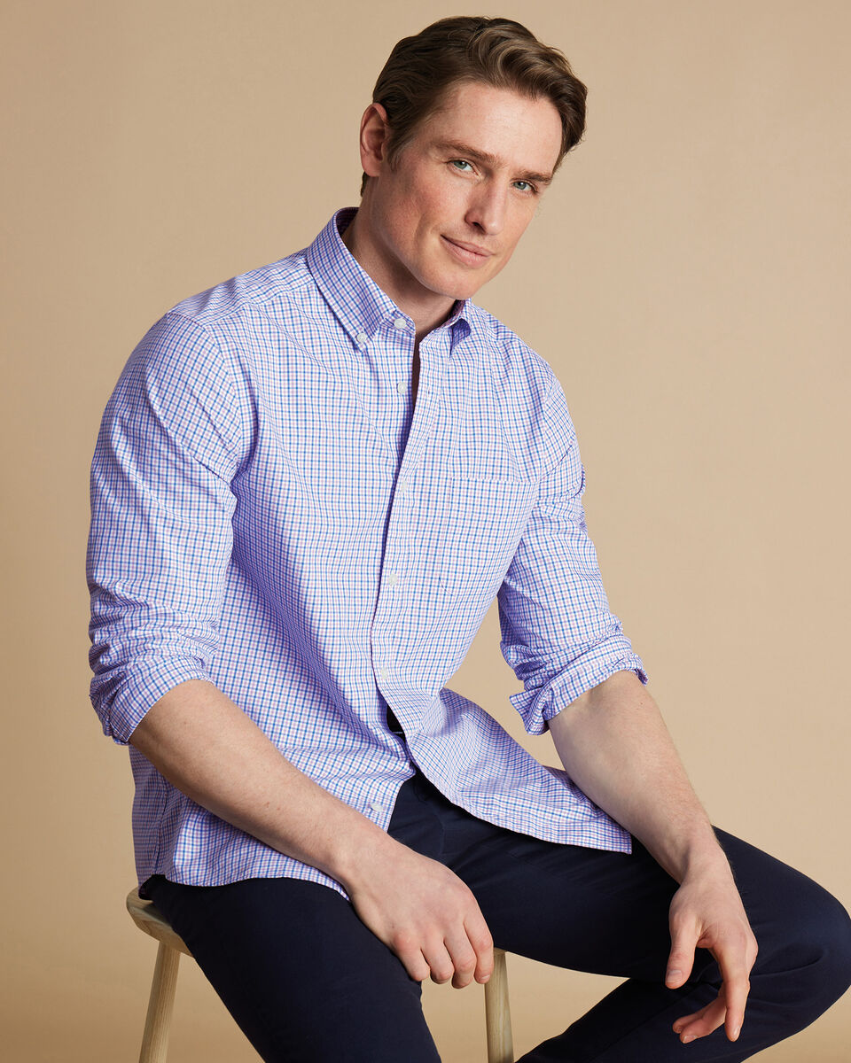 Chemise en popeline extensible à mini carreaux vichy à col boutonné sans repassage - Lilas foncé et bleu