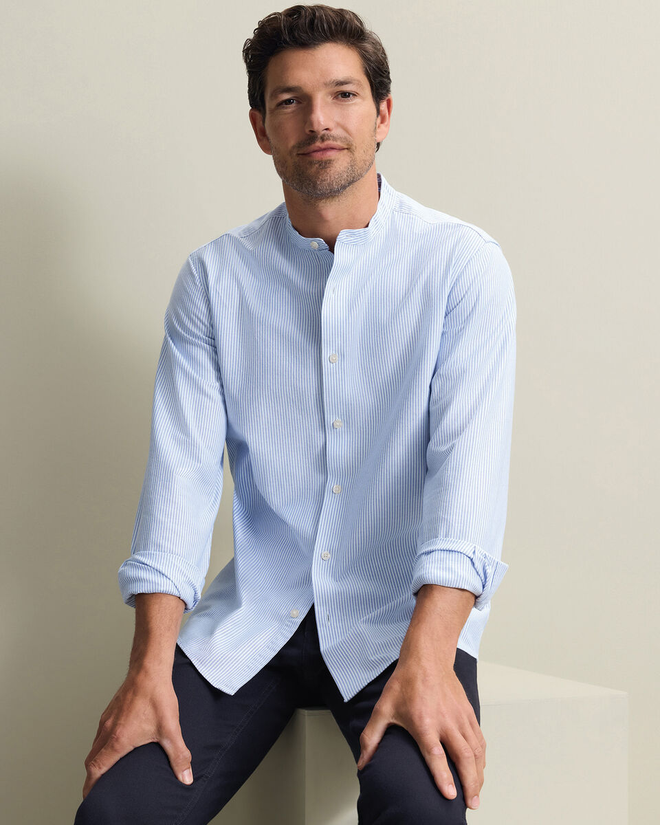 Chemise Oxford D&eacute;lav&eacute;e Extensible &Agrave; Rayures Sans Col - Bleu Oc&eacute;an