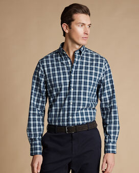 Button-Down Collar Non-Iron Stretch Poplin Check Shirt - Blue