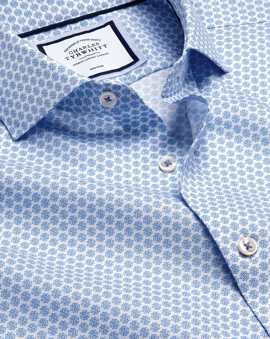 Semi-Cutaway Collar Non-Iron Print Shirt - Blue & White