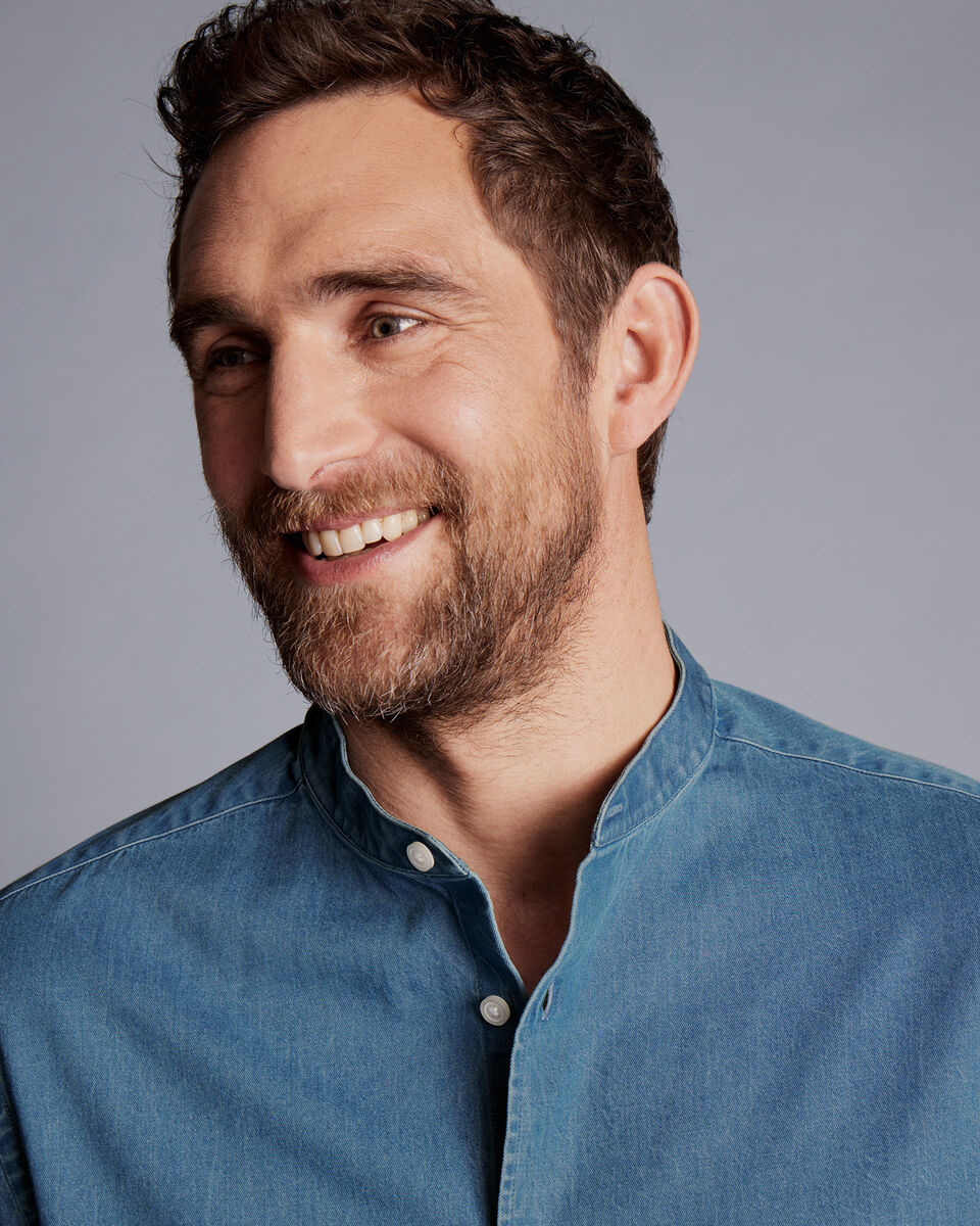 Collarless Denim Shirt