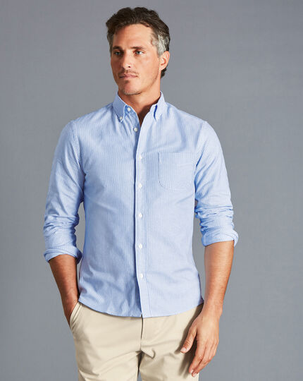 Button-Down Collar Washed Oxford Stripe Shirt with Pocket - Ocean Blue