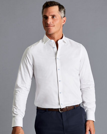 Semi-Cutaway Collar Twill Shirt with Printed Trim - White