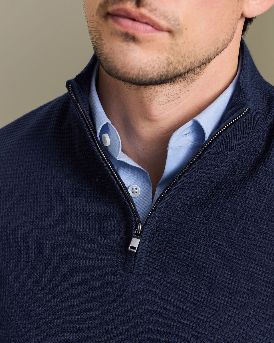 Pure Merino Textured Zip Neck Sweater - Navy