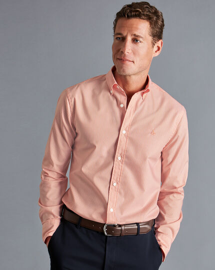 Button-Down Collar Non-Iron Stretch Fine Stripe Shirt - Orange