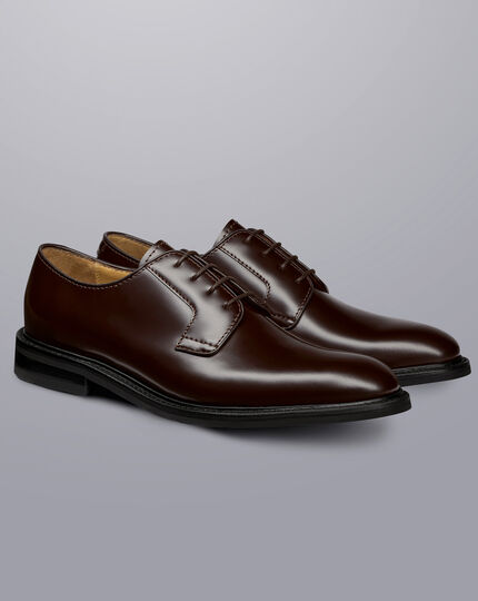 Rubber Sole High Shine Leather Derby Shoes - Dark Chocolate