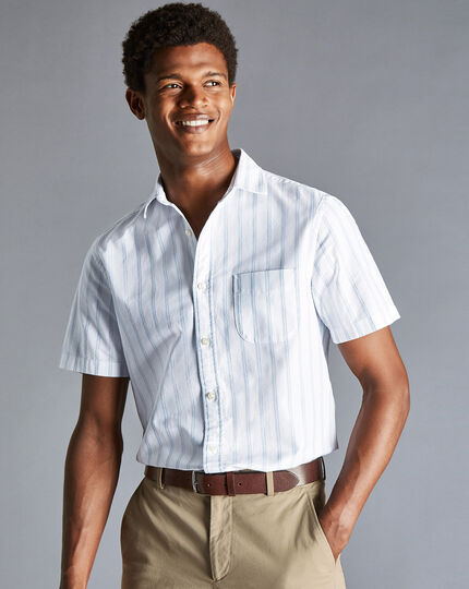 Cotton Linen Oxford Stripe Short Sleeve Shirt - Indigo Blue