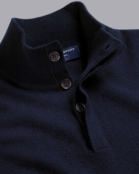 Merino Cashmere Button Neck Sweater - Navy